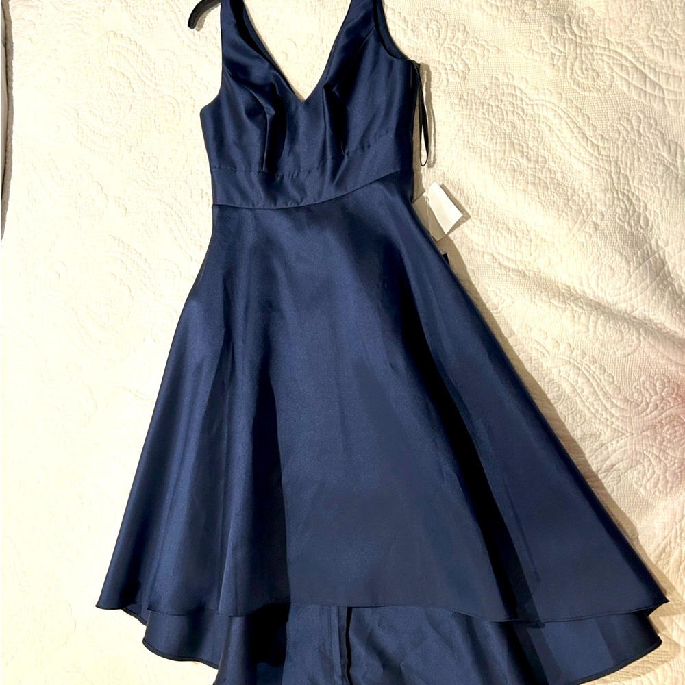 ALFRED SUNG Blue Sleeveless V-neck A-line Mini Dress